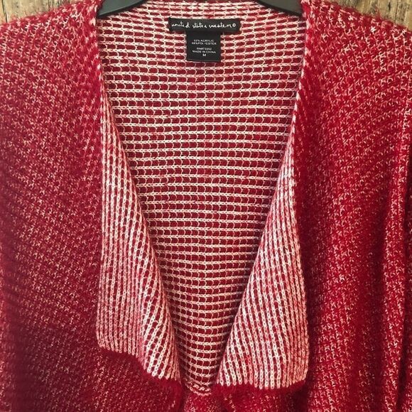 Cardigan Sz M Red Open Knit Wide Warm Work Casual Collar Striped - Picture 4 of 8